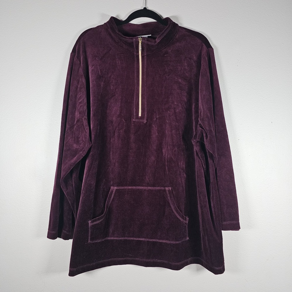 Catherines 3X Purple Velvet Pullover Top 1/4 Zip Holiday Party Kangaroo Pocket